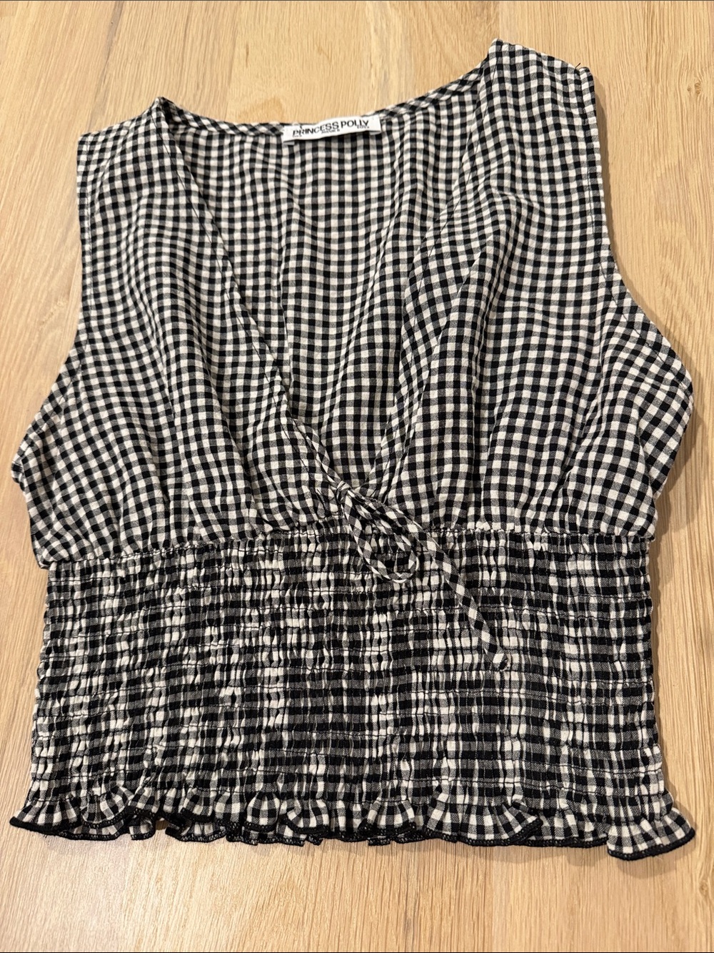Princess Polly Black and White Gingham Tie-Front Smocked Crop Tank